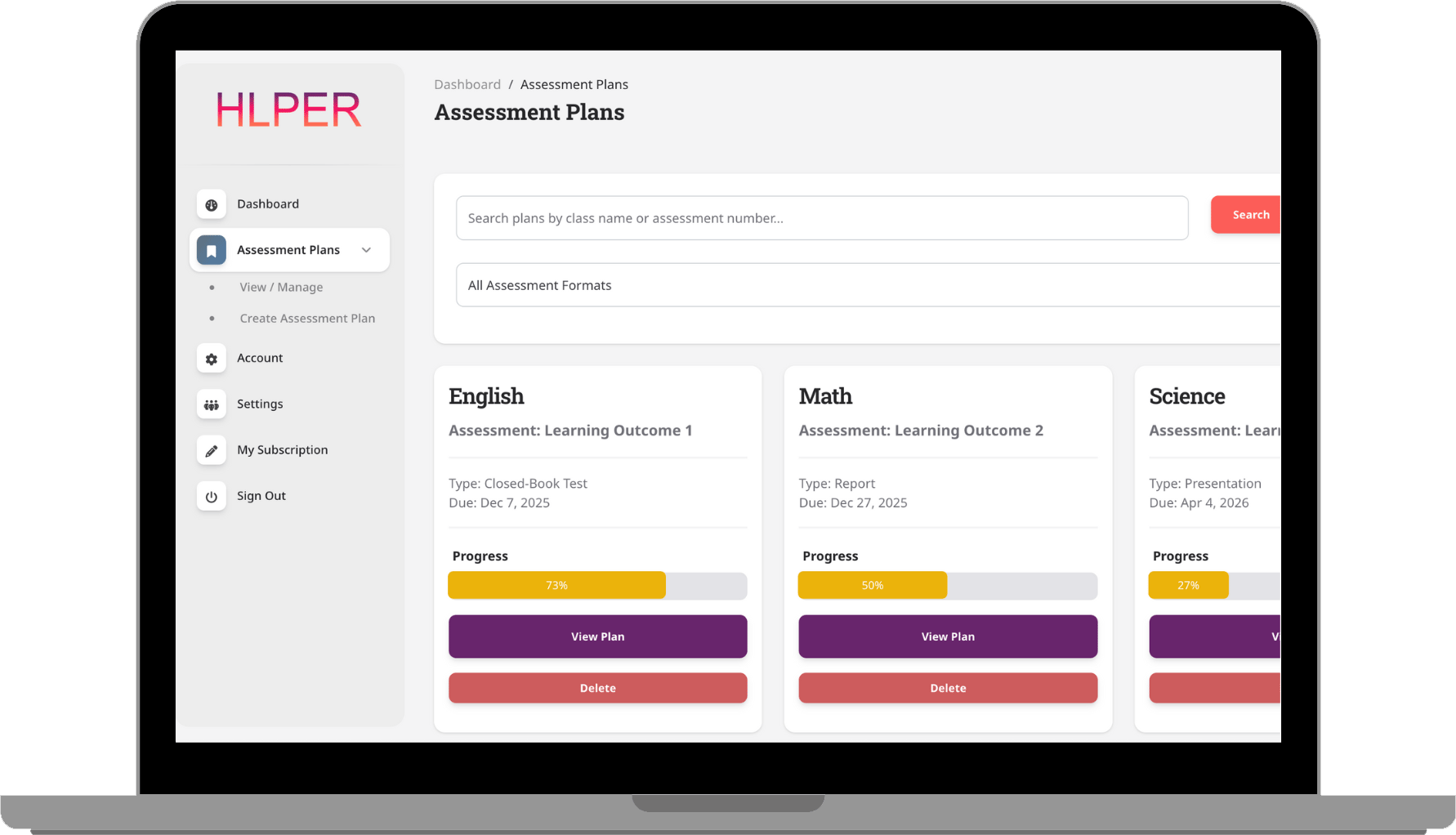 HLPER Assessment Assistant Plan screen